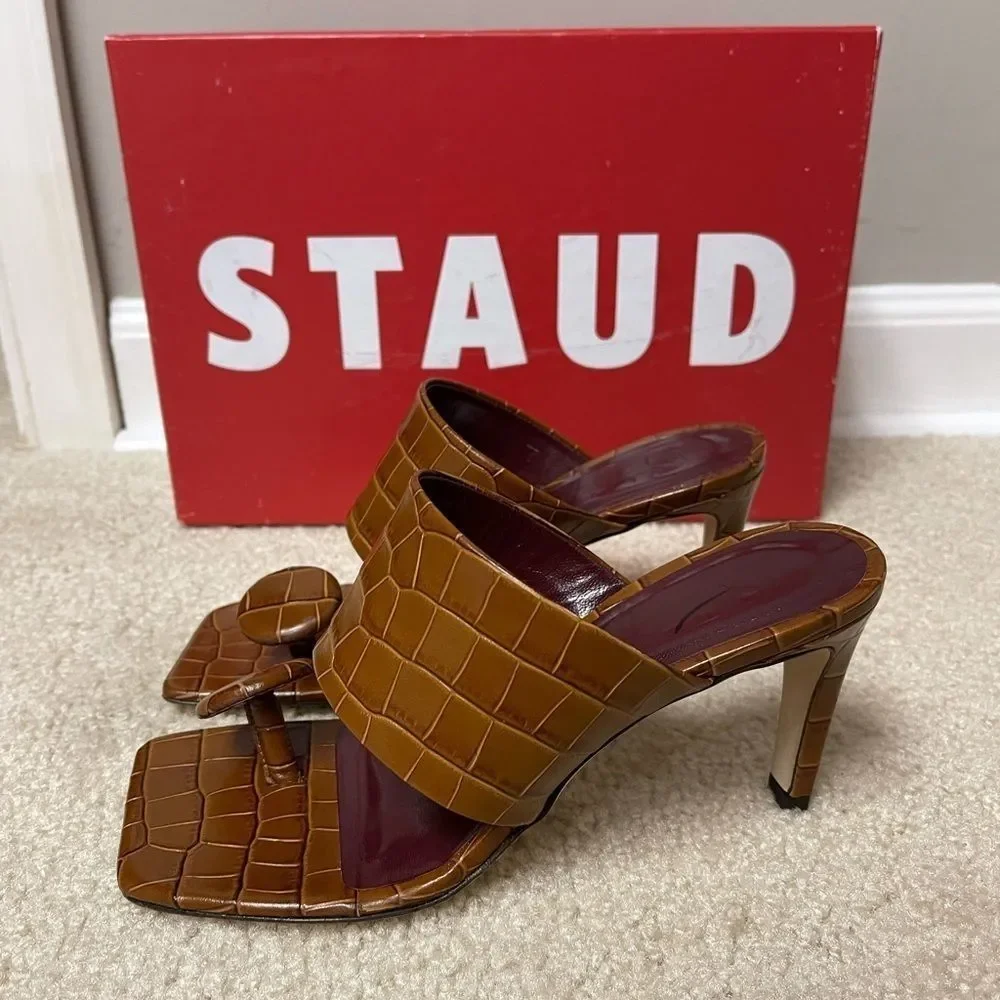 STAUD Luna Croc-Embossed Leather Mules